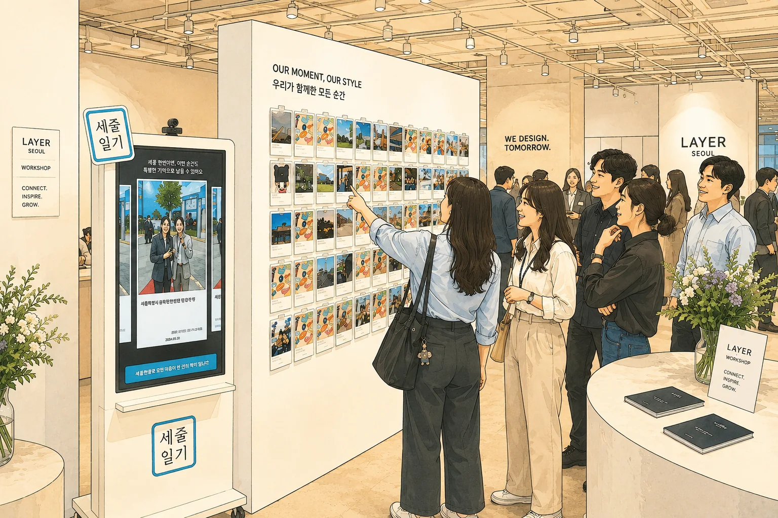 행사장에 설치된 세줄 기록부스와 기록 월