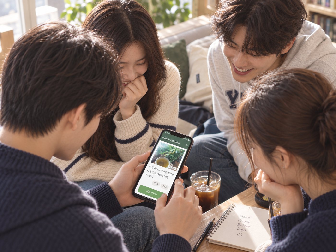 함께 모여 스마트폰으로 세 줄을 보는 사람들